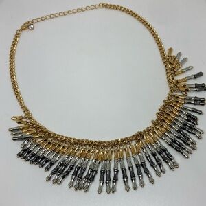 Gold and Silver Two Tone Fringe Statement Necklace Layered Fashion Jewelry
